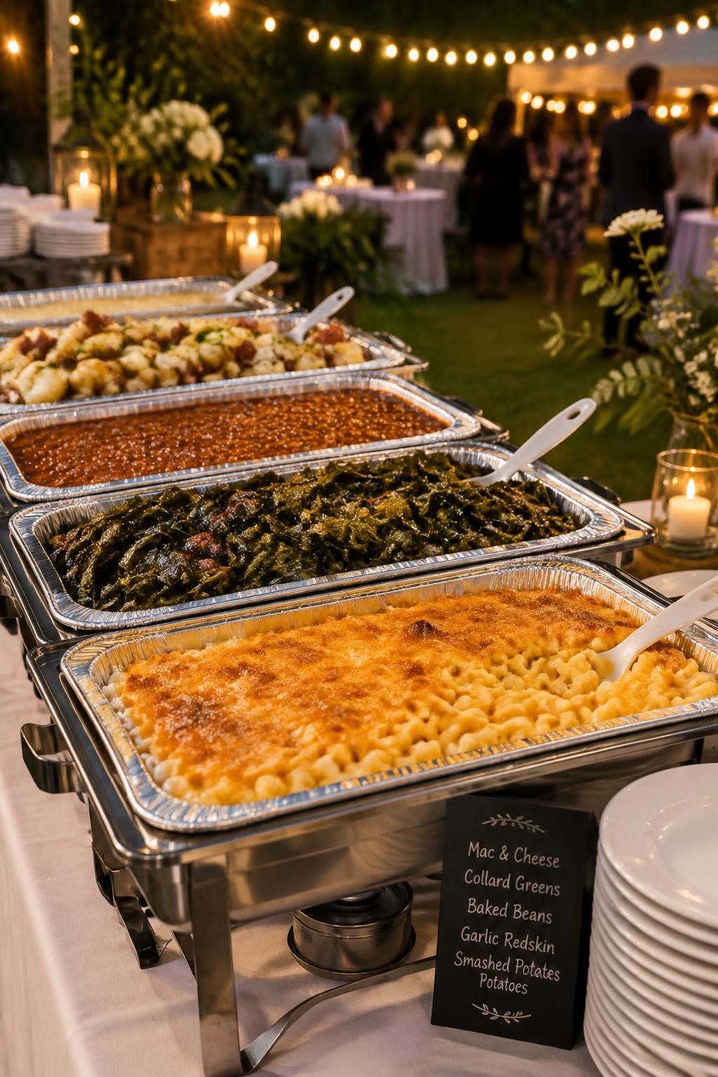 Catering pans of Southern sides in a buffet line with chafing stands