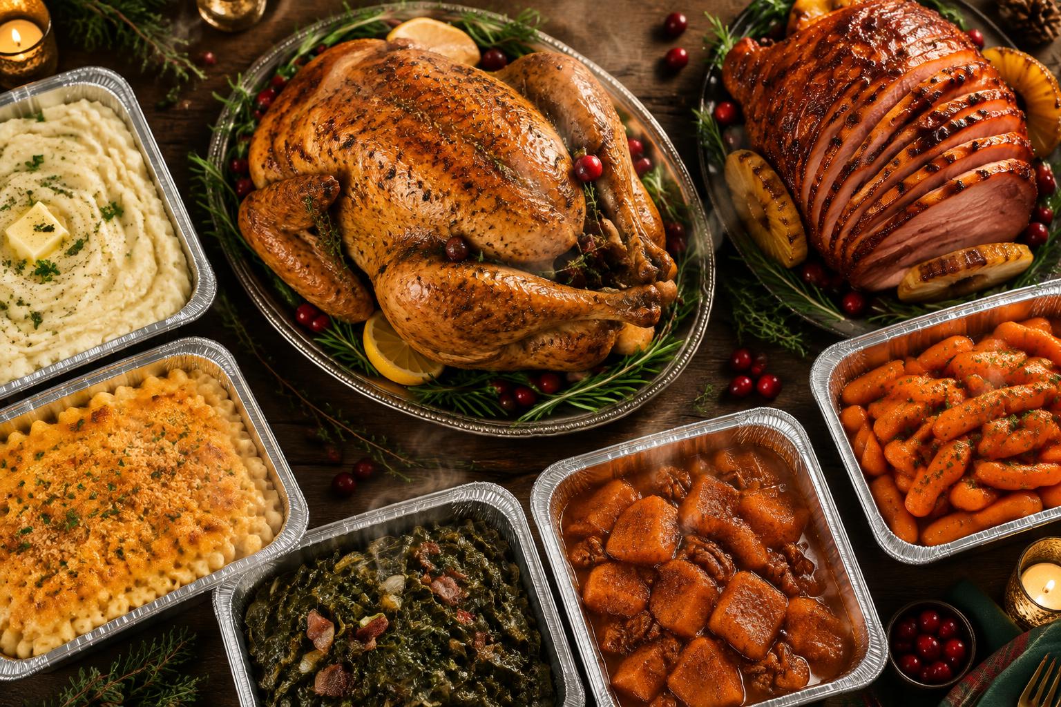 A holiday catering spread — roasted turkey, glazed ham and pans of sides